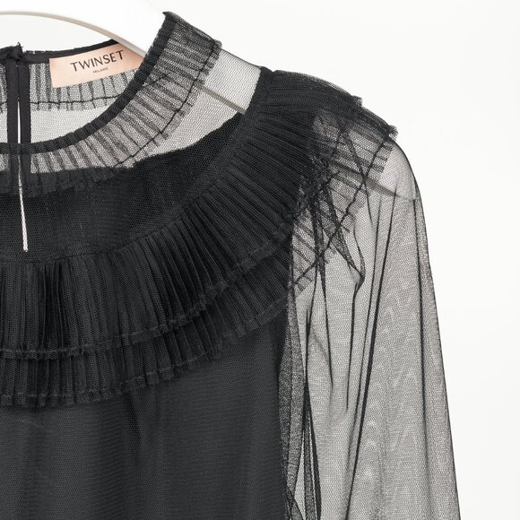 Twinset Black Pleated Flounce Tulle Blouse - Picture 5 of 12